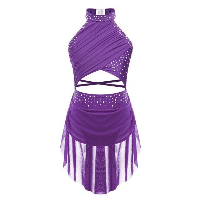 Raenseen Robe de Danse Ballet Jazz pour Filles, Justaucorps de Patinage Artistique, Strass Brillants, Robe de Bal Sans Manches, Violet 10