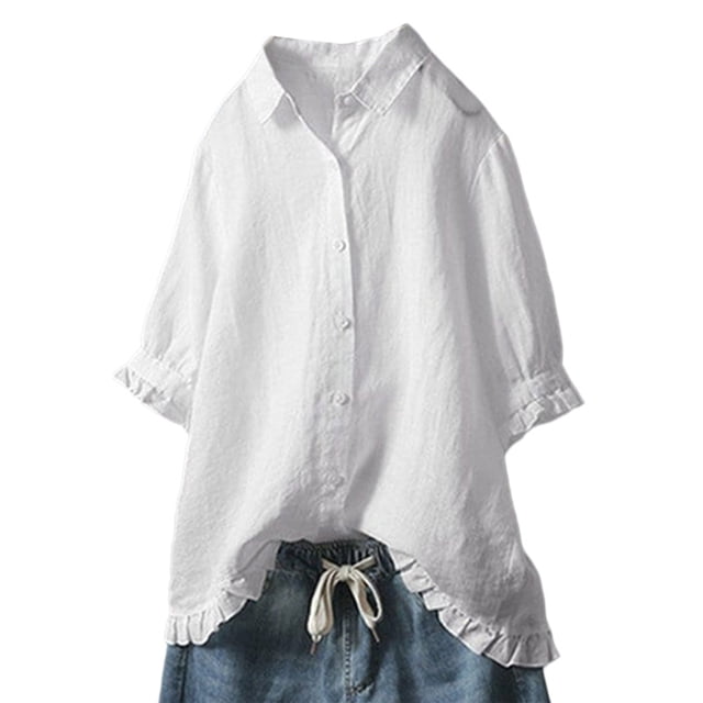 MAWCLOS Chemises pour Femmes Couleur Unie Blouse Boutonnée Tunique Ample à Volants Blanc 4TG