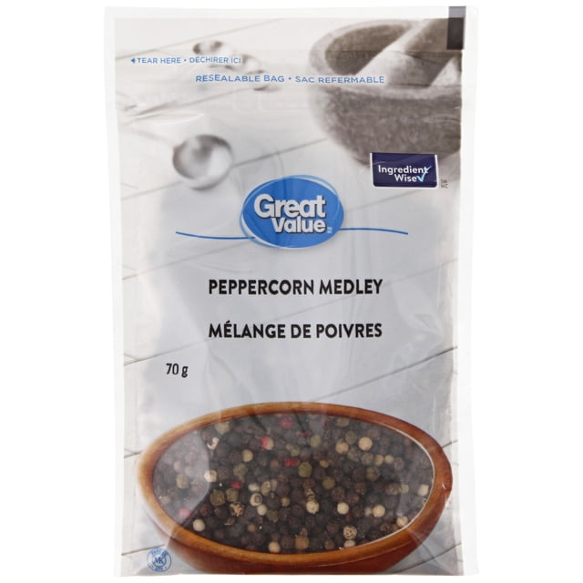 Great Value Peppercorn Assortiment dans un Sac Refermable de 70 g avec un Mélange visible de Grains de Poivre Noir, Blanc, Vert et Rose, Convient pour Moudre des Assaisonnements Frais sur les Viandes, les Légumes et les Salades.