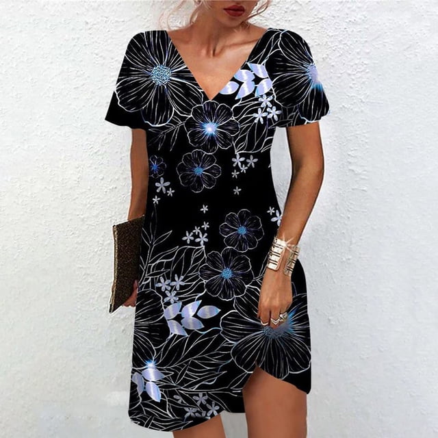Meichang Robe d'Été Mini Grande Taille pour Femmes 2024 Été à Imprimé Floral Robe de Plage à Manches Courtes Décontractée Ample Robes Tendance à Col en V Robes d'Été pour les Vacances, P-5TG