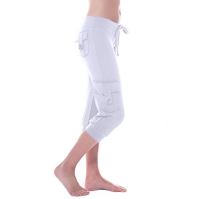 AherBiu Pantalon Capri Cargo Grande Taille pour Femmes, Ample, Confortable, Baggy, Taille Haute, à Cordon, Court, avec Poches