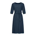thumbnail image 4 of CHOK Robe en Coton et Lin pour Femmes, Col Ras du Cou, Manches Lanterne, Robes d'Été, Couleur Unie, Décontractée, Fluide, Longue, avec Ceinture, 4 of 8