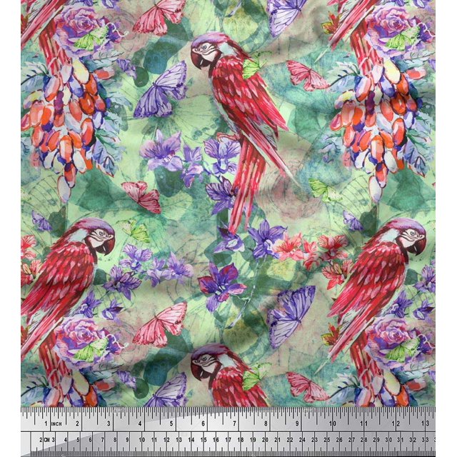Soimoi Green Cotton Voile Fabric Floral,Insect & Parrot Bird Decor Fabric Printed BTY 56 Inch Wide