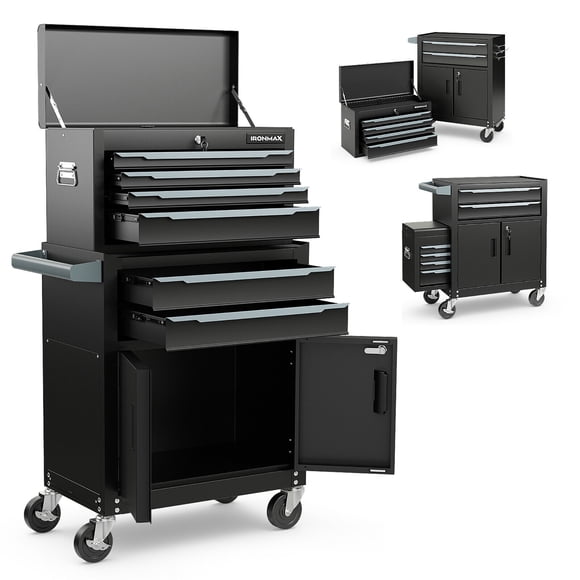Gymax 2 in 1 Rolling Cabinet Storage Organizer Chest Box Garage 6 Drawer Toolbox Black