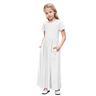 biudgviw Robe Maxi pour Filles à Manches Courtes, Col Ras du Cou, Couleur Unie, Robe Trapèze Décontractée, Robe d'Été Longue avec Poches