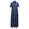 thumbnail image 4 of Leutsin Women Button Loose Solid V-neck Lmitation Denim Short Sleeve Long Dress, 4 of 6