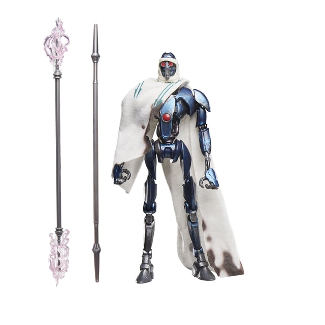 Star Wars The Black Series MagnaGuard 20th Anniversary Action Figure 6 Inch featuring a 6-inch articulated blue and silver MagnaGuard droid with red eyes and a white battle-worn cloth cape, including two detailed staff accessories for recreating scenes from Star Wars: Revenge of the Sith.