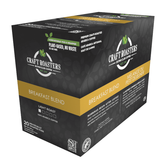 Club Coffee Craft Roasters Mélange Déjeuner - Café Léger en Dosettes Individuelles K-Cup, Dosettes Compostables, Compatibles avec Keurig Brewer, Certifiées Rainforest Alliance, Lot de 20
