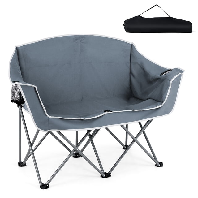 Costway Double Duo Camping Chair with Armrests Cup Holders Carry Bag Heavy Duty Lawn Chair Gray
