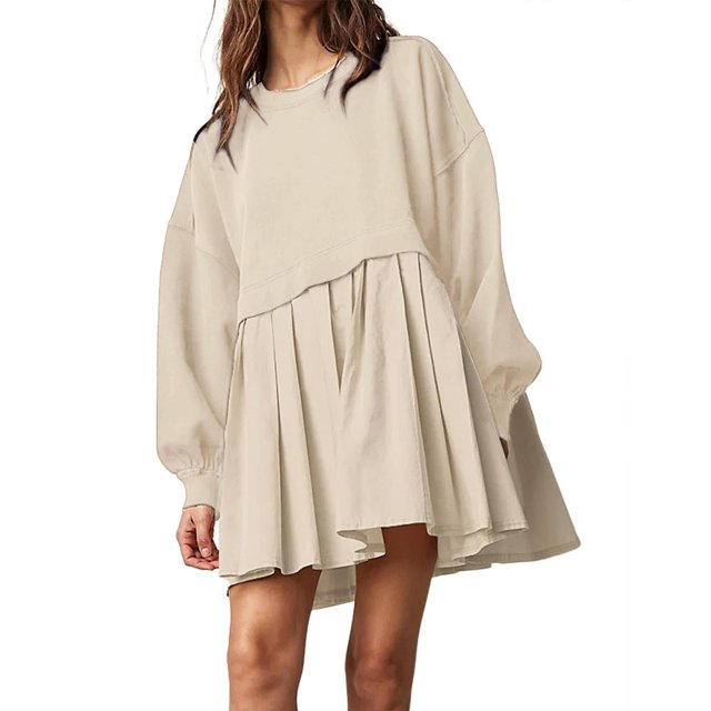 Womens Oversized Sweatshirt Dress Long Flowy Patchwork Pullover Tops Cute Drop Shoulder Sweatshirts Fall Long Sleeve Mini Dress Teen Girls Crewneck Solid Tunic Pleated Loose Clothing Beig