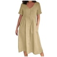 thumbnail image 1 of Cameland Mode Femme Été Décontractée Col en V Uni Manches Courtes Bouton Poche Robe en Coton et Lin, 1 of 8