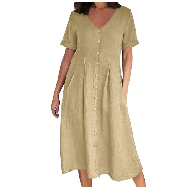 Cameland Mode Femme Été Décontractée Col en V Uni Manches Courtes Bouton Poche Robe en Coton et Lin