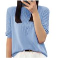 thumbnail image 1 of Olyvenn Women T-Shirt à Manches Courtes en Tricot de Soie Glacée Ajourée pour Femme, Coupe Ample, Col Rond, Chandail Tricoté, Haut Bleu TTG, 1 of 3