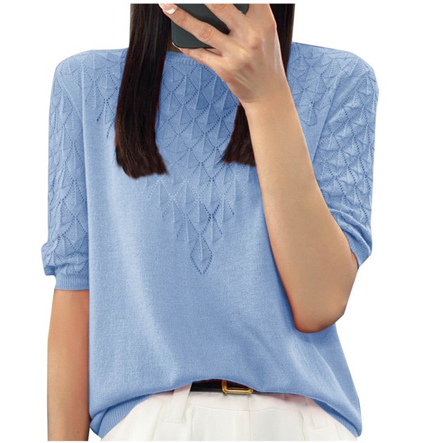 Olyvenn Women T-Shirt à Manches Courtes en Tricot de Soie Glacée Ajourée pour Femme, Coupe Ample, Col Rond, Chandail Tricoté, Haut Bleu TTG