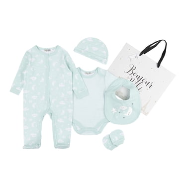 Bonjour Bebe Bonne Nuit Ensemble Layette 5 Pcs – Essentiels pour Bébé 100 % Coton, Dormeuse, Cache-Couche et Plus – Cadeau Adorable et Confortable pour Bébés Garçons et Filles