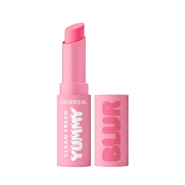 Clean Fresh Yummy Blur lipstick by COVERGIRL in a soft pink matte tube with the cap beside it, showing a pink angled lipstick bullet with lip blurring spherical powder technology and a vegan matte lip color formula, suitable for a soft-focus gradient lip look.