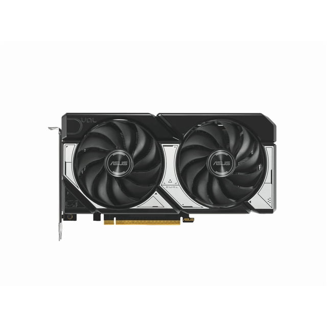 ASUS GEFORCE DUAL-RTX5060-O8G OC 8GB GDDR7 2565 MHZ 128 BIT front-facing close-up of the ASUS GeForce RTX 5060 dual-fan graphics card, showing dual fans, OC model designation, visible 8GB GDDR7 memory label and 128-bit interface edge; suitable for gaming rigs and GPU-accelerated creative workflows.