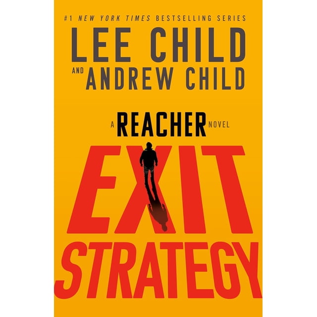 Jack Reacher: Exit Strategy by Lee Child book cover with bold red EXIT STRATEGY title on orange background and a silhouette of a man casting a shadow inside the word EXIT, representing the thriller novel by bestselling authors Lee Child and Andrew Child in literature and fiction.