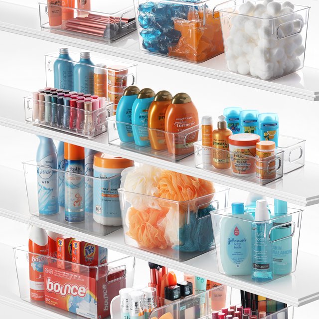 StorageBud 3 Pack Clear Plastic Bathroom Vanity Storage Bin with Handles - Container Organizer for Soaps, Shampoos, Conditioners, Cosmetics, Hand Towels, Hair Brush, Body Spray, Lotion & More