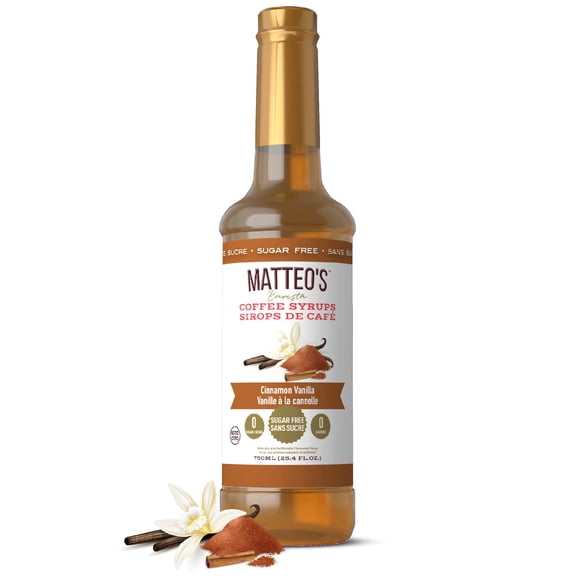 Matteo's Sirop Aromatisant Sans Sucre pour Café, Cannelle Vanille, Délicieux Sirop de Café, 0 Calories, 0 Sucre, Compatible Keto (750mL, Bouteille Unique)