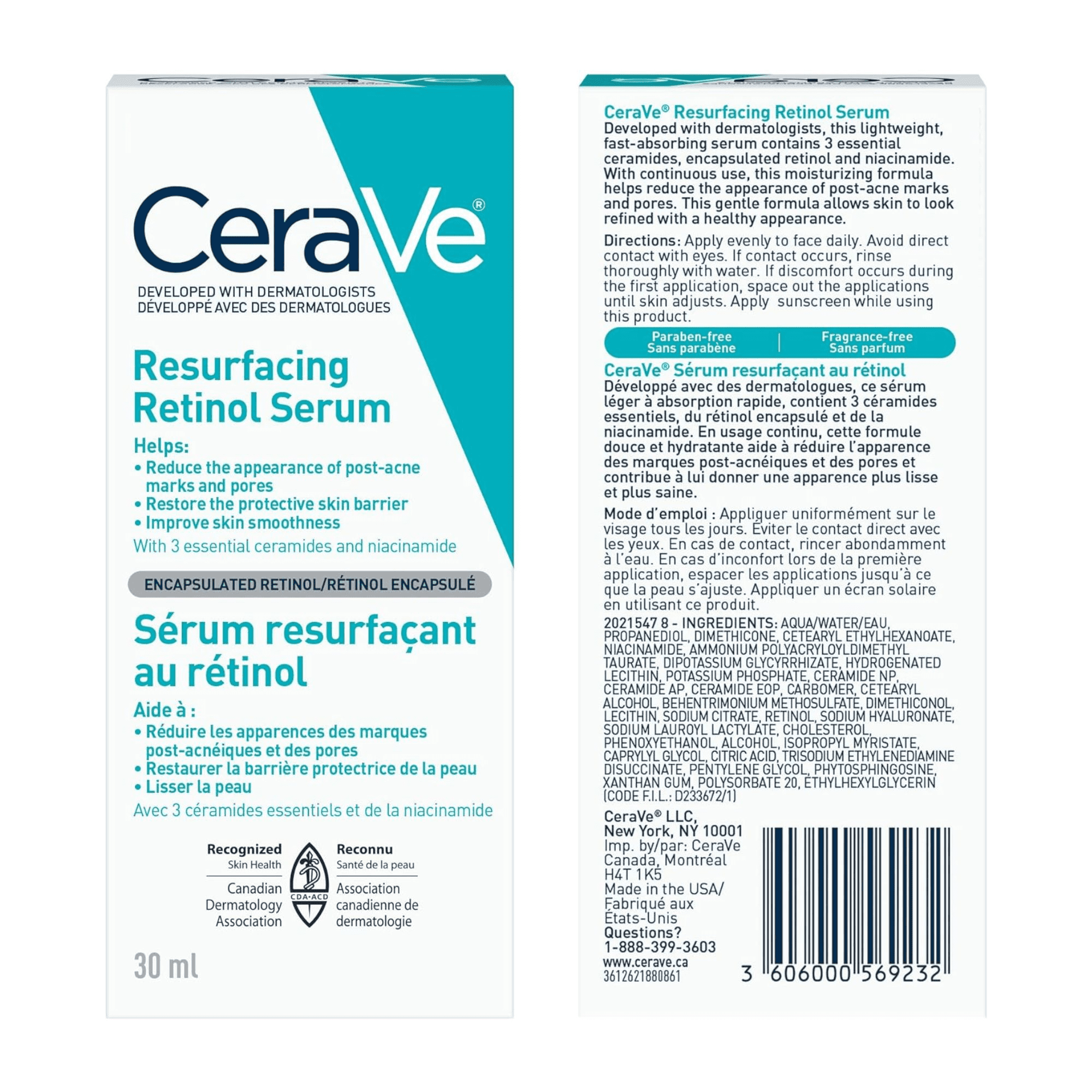 CeraVe Sérum Rénovateur au Rétinol, Sérum Visage avec Rétinol Encapsulé pour Marques Post-Acné, 30 ml