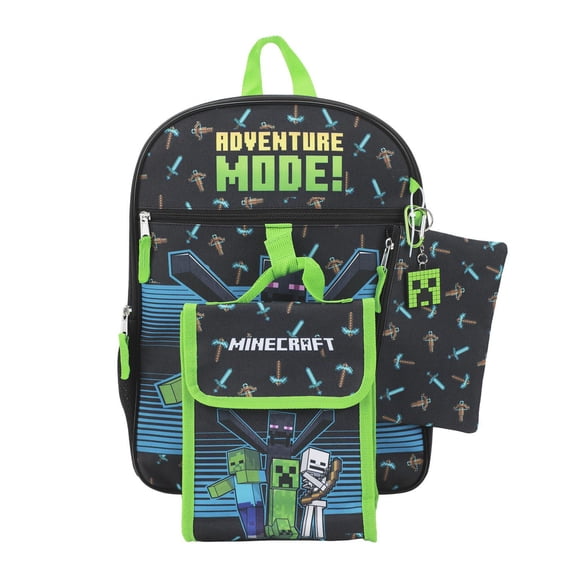 Minecraft Adventure Mode 5-Piece Backpack Set With 16" Backpack, Foldable Lunch Bag, Utility Case, Keychain & Carabiner