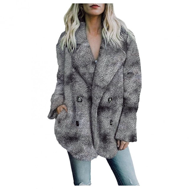 Pompotops Winter Warm Cardigan For Women Lapel Overcoat Fleece Open Front Coat With Pockets Printing Outerwear