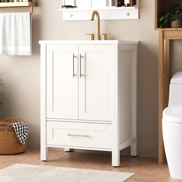 Gaderth 30" Floor Standing Bathroom Vanity – Features Integrated Ceramic Top, Single Basin, Drawer, and Dual Soft-Close Doors for Ample Storage, Contemporary Style.