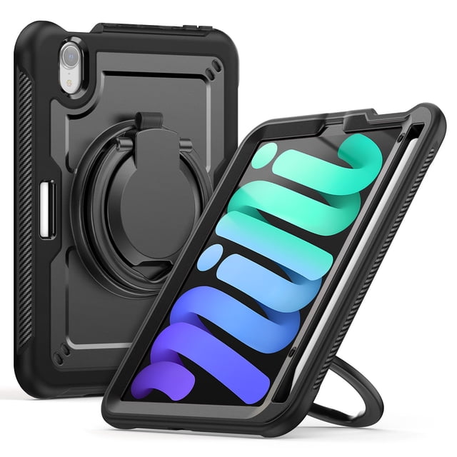 XYX Case for iPad Mini 7 A17 Pro 2024/Mini 6 2021 8.3 Inch 7th/6th Gen with Rotating Stand, Shoulder Strap, 2in1 Shockproof Cover, Black