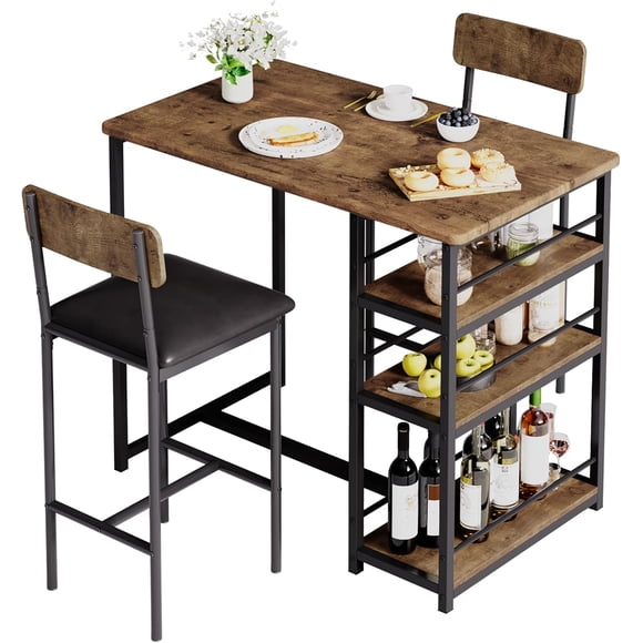Ourlova 2 Seater Dining Table and Chairs Set Kitchen Breakfast Bar Table Set with 2 Upholstered Chairs and 3-Tier Storage Shelves for Dining Room Bistro Retro Brown