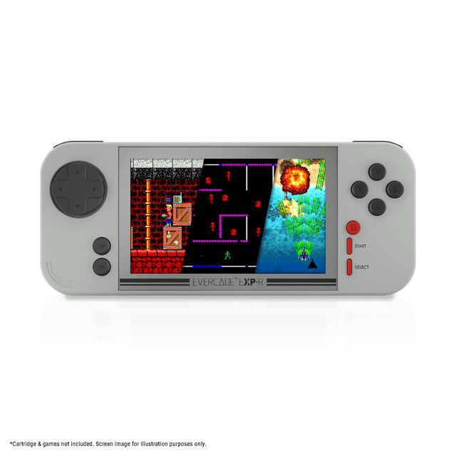 Evercade EXP-R Solo retro handheld video game console in light grey with dark grey and red accents, front view showing its 800x480 IPS screen displaying two classic arcade games with pixelated characters and explosions, featuring a directional pad and buttons on each side, designed for portable retro gaming.