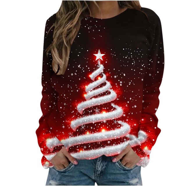 UPPADA Chandails de Noël pour Femmes, Imprimé d'Arbre de Noël, Chandail à Manches Longues, Hauts à Enfiler, Automne, Chandail Confortable, Chandail à Col Rond de Noël, Liquidation 2024, Articles en Liquidation