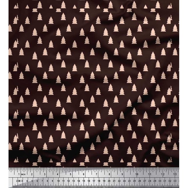 Soimoi Brown Silk Fabric Christmas Tree Print Sewing Fabric Yard 42 Inch Wide