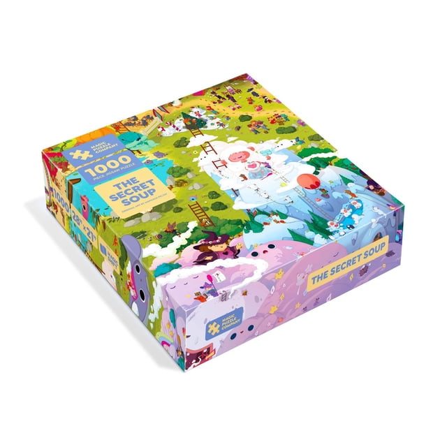 Le Casse-Tête de Soupe Secrète de 1000 Pcs de la Série Trois de la Magic Casse-Tête Company, Vue Frontale du Casse-Tête Fini Montrant une Scène de « Soupe » Fantastique dense et Colorée avec des Éléments d'Illusion d'Optique; Imprimé sur Carton de Casse-Tête Hollandais de Qualité Supérieure, Montré avec Deux Grandes Affiches d'Art et des Sacs Refermables, Convient à la Résolution collaborative sur Table Ou à l'Encadrement comme art Mural.