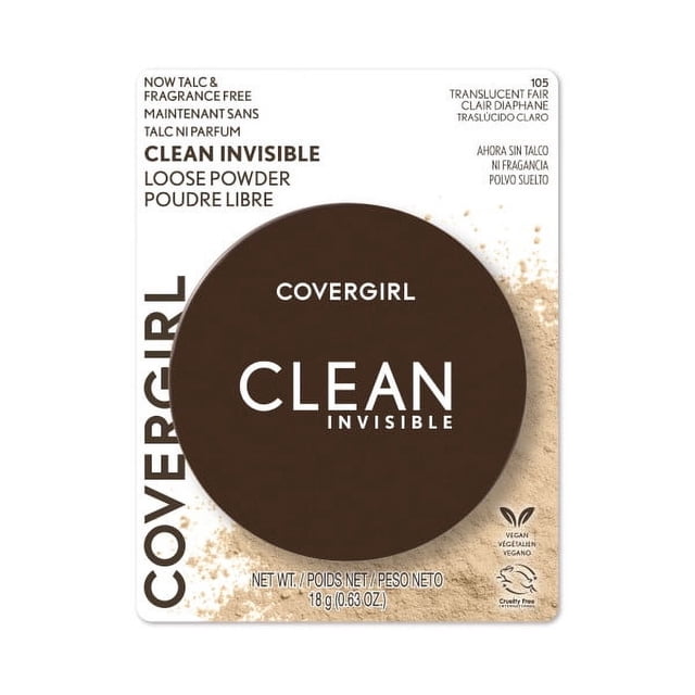 COVERGIRL Clean Invisible Loose Powder translucent fair, talc and fragrance free setting powder with lightweight breathable formula, vegan and cruelty-free, in a round dark brown compact on white card with powder dusting.
