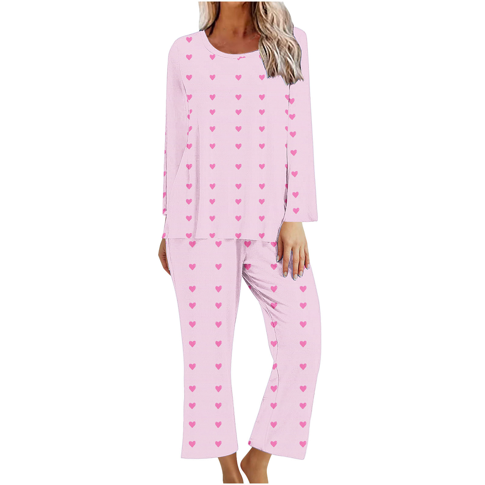 TIMIFIS Pyjama Grande Taille pour Femmes Ensemble Saint-Valentin Détente Mignon Imprimé Cœur Col Rond Manches Longues avec Pantalon Ensembles de Pjs Ensembles de Pyjamas pour Dames