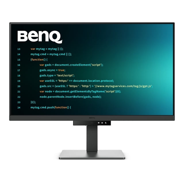 BenQ RD320U 32" 4K programming monitor with grey nano matte panel displaying code, slim bezels, and an ergonomic adjustable stand with a rectangular base, designed for high-resolution coding and eye-care technology.