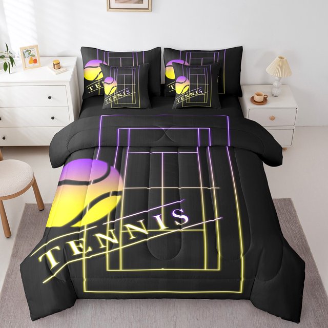 YST Sports Comforter Set, Tennis Bedding, 7-Piece, Purple Yellow, Full Size