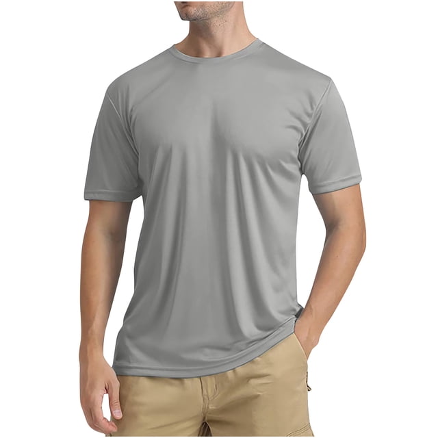 AherBiu Men's T-Shirts in grey, featuring a lightweight, quick-drying fabric with sun protection. This short-sleeve shirt is designed for running, beach outings, and casual wear. The model is wearing a size large, showcasing a relaxed fit with a crew neckline and short sleeves, paired with beige shorts.