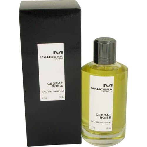 Mancera Cedrat Boise for Unisex Eau De Parfum, 4 ounces. A 120ml unisex fragrance bottle with a transparent glass design, showcasing a light yellow liquid. The bottle features a black cap and is displayed next to its black rectangular box with white and black branding details.