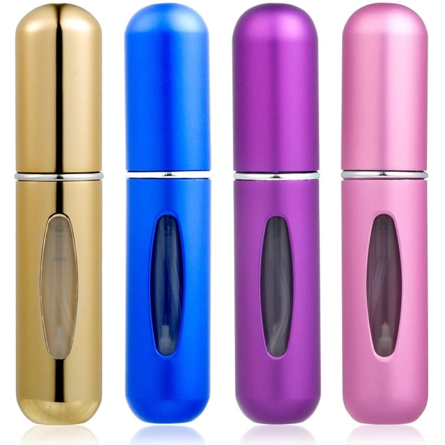 Mini Perfume Bottles, 5ml Portable Travel Atomizer Spray Refillable Perfume Bottle (4 Pieces). A set of four refillable perfume atomizers in pink, purple, shiny gold, and blue colors. Each bottle is made of lightweight, strong aluminum with a transparent window to view the liquid level. Compact design with dimensions of 8.5cm height and 1.8cm diameter, ideal for travel or daily use.