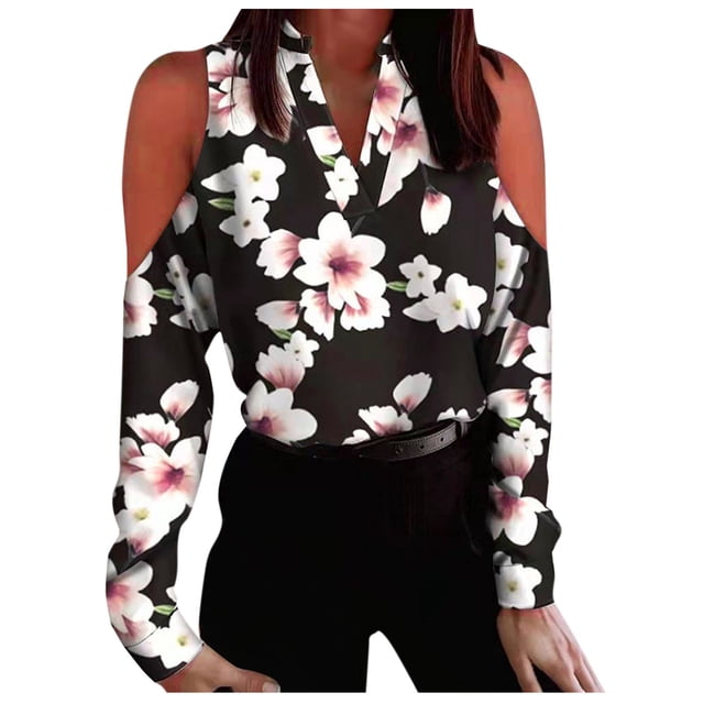 Womens Tops Long Sleeve Womens V Neck Pullover Off the Shoulder Printing Long Sleeve Tops