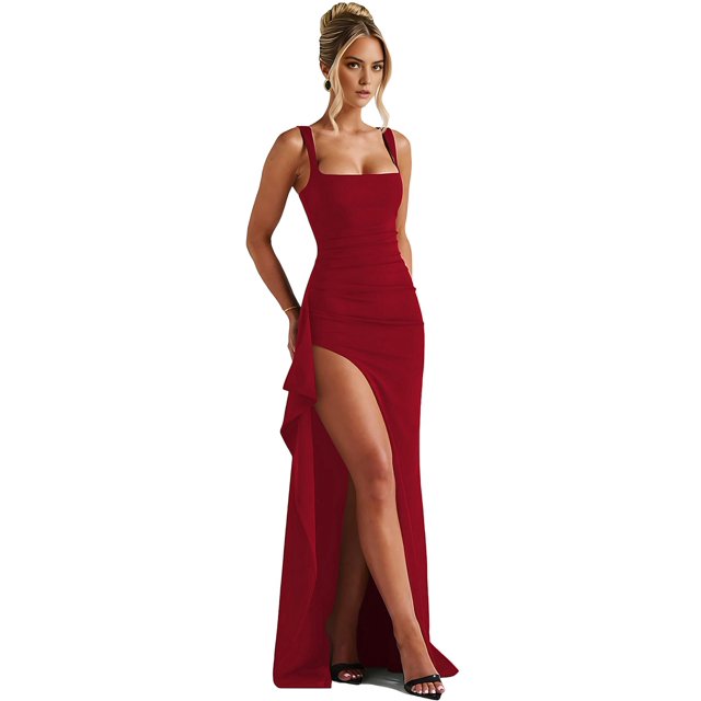 Robes Formelles pour Femmes Sans Manches Moulantes Froncées à Fente Haute Robe Maxi Cocktail Bal Rouge G