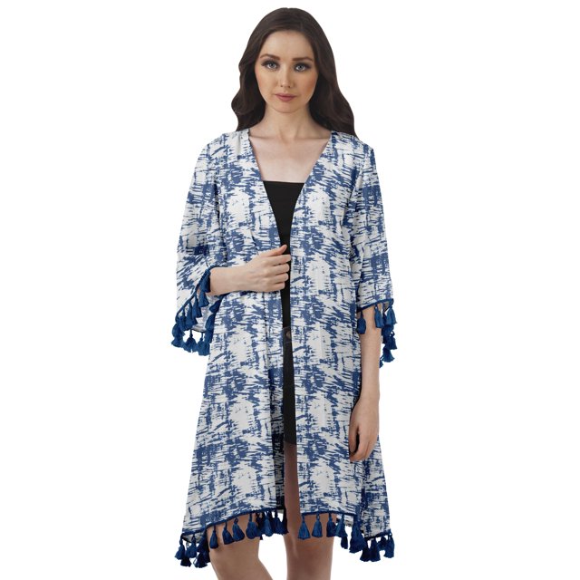 Moomaya Cache-Maillots pour Femmes pour Maillots de Bain, Georgette Imprimée, Manches 3/4, Boléro à Franges