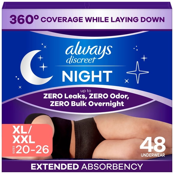 Always Discreet Night, Adult Diapers for Women, Overnight Incontinence Underwear XL/XXL, 48 CT