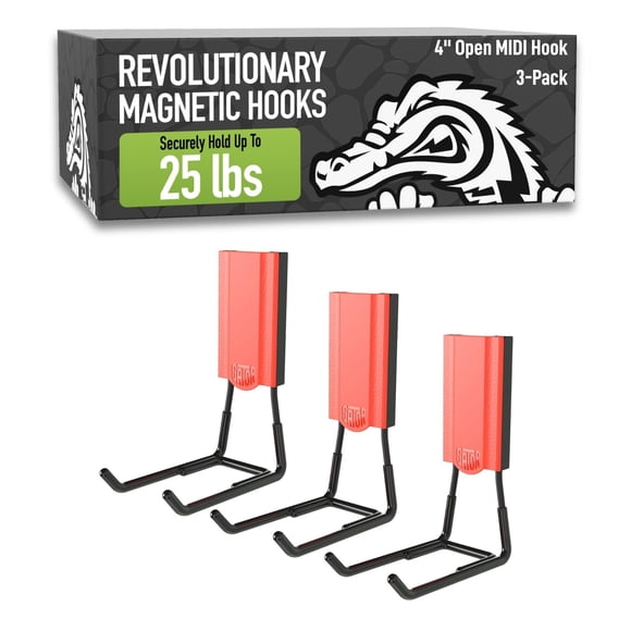 GATOR MAGNETICS MIDI 4 in Open Hooks, 25 lb Heavy Duty Magnetic Hooks for Steel Surfaces, Patented Easy-Release, Non-Slip Grip â