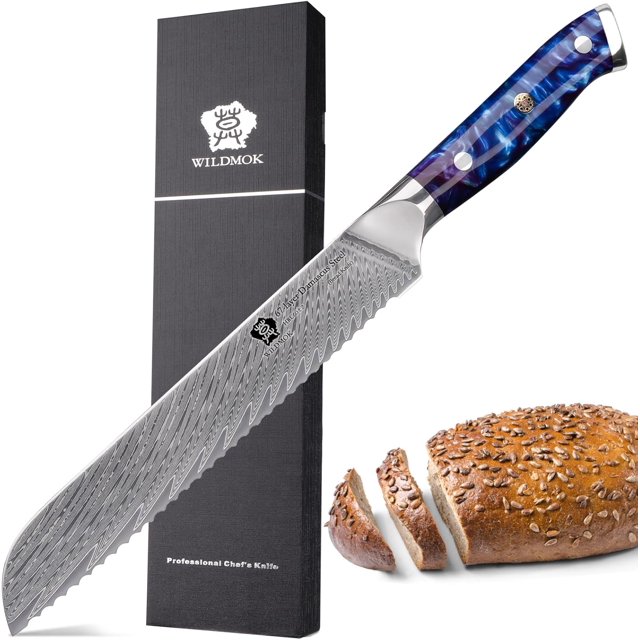 WILDMOK Serrated Bread Knife, 67-Layer Damascus Steel for Sturdiness and Razor-Sharp Cutting, Serrated Bread Knife