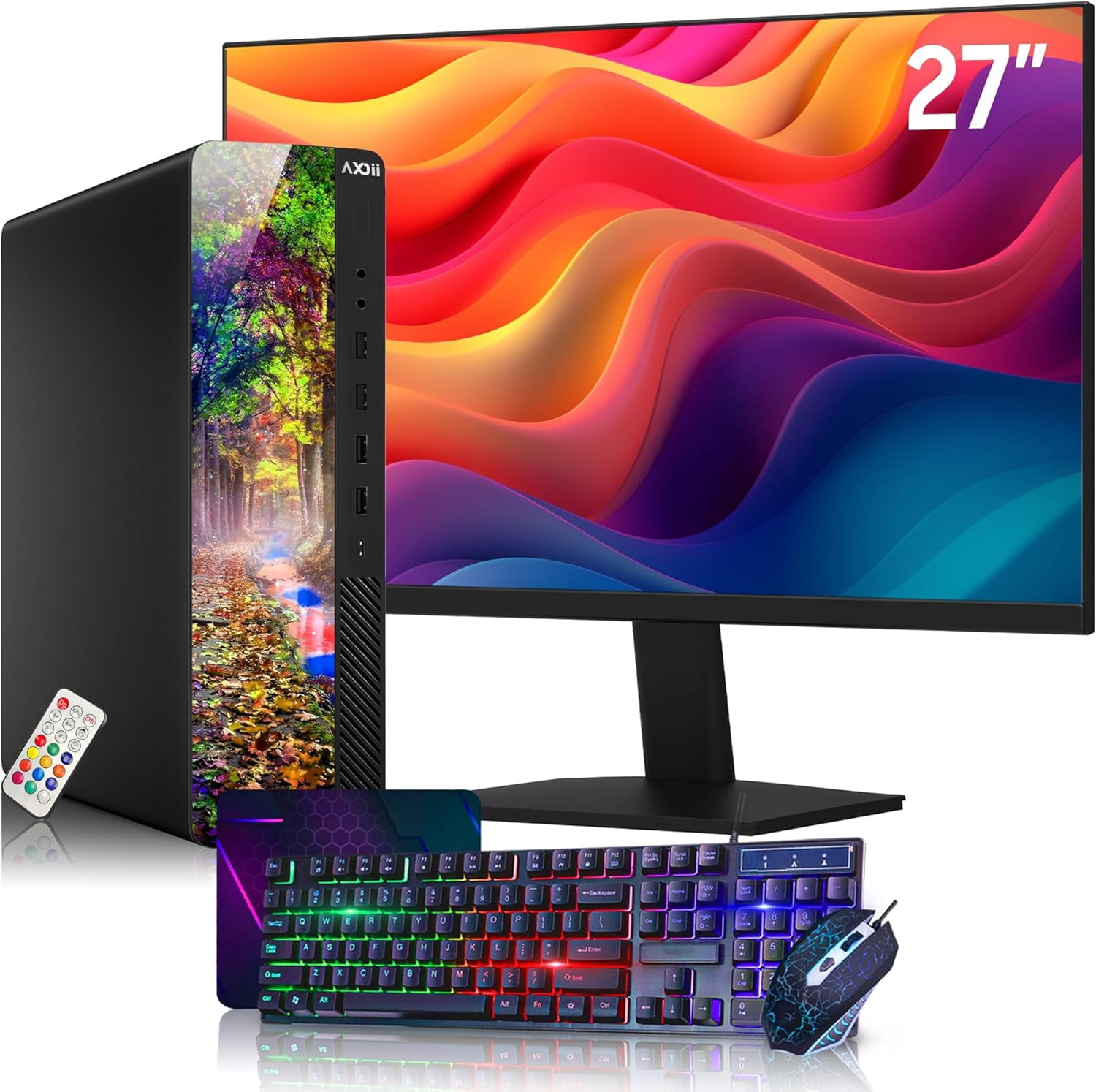 AXOII RGB Desktop PC ~ 27" Inch Monitor ~ Intel Core i5 processor upto 4.0GHz 16GB DDR4 RAM 256GB SSD WiFi Bluetooth Windows 11 Pro Refurbished