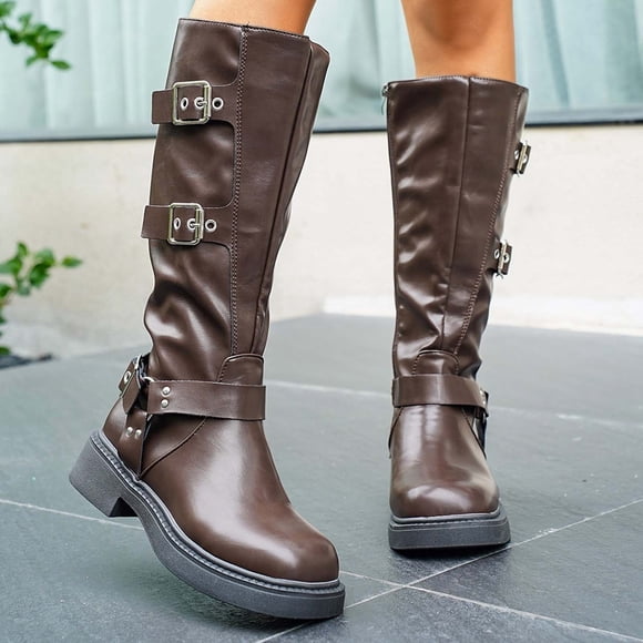 Amzcrzy Mid Calf Boots for Women Women's Fashion Casual Versatile Solid Color Metal Buckle Mid-Calf Fall and Winter Style Trendy Square Toe Thick Heel Buckle Boots Womens Winter Boots Women's Boots