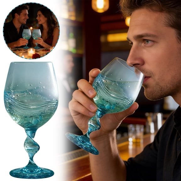 RRJ Verres à Vin en Verre de Mer, Verrerie Soufflée à la Main Inspirée des Vagues de l'Océan, Verres à Boire Givrés Décor Côtier de Plage pour Vin Blanc, Champagne, Cocktails, Bar à la Maison et Cuisine